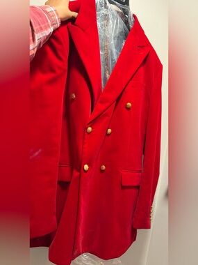 Inserch Double Breasted Velvet Blazer Tailored Vibrant Crimson Military 3XL